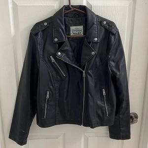Women’s black pleather jacket.
